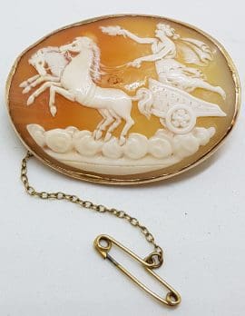 9ct Yellow Gold Large Oval Ornate Chariot Cameo Brooch - Goddess Nike