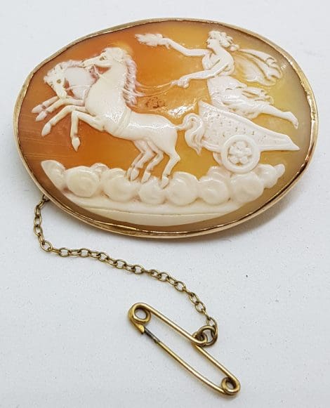 9ct Yellow Gold Large Oval Ornate Chariot Cameo Brooch - Goddess Nike