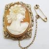 9ct Yellow Gold & White Gold Rectangular Set Large Oval Lady Cameo Brooch - Ornate Leaf Motif