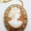 9ct Gold Ornate Filigree Oval Cameo Lady Head Brooch