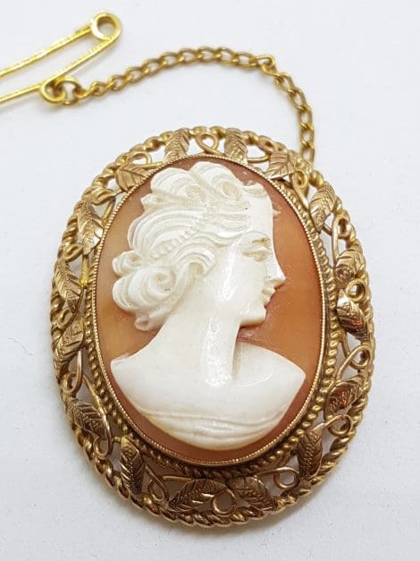 9ct Gold Ornate Filigree Oval Cameo Lady Head Brooch