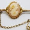 9ct Gold Ornate Oval Cameo Lady Head Bar Brooch