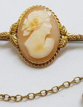9ct Gold Ornate Oval Cameo Lady Head Bar Brooch