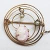 9ct Yellow Gold Round Pink Cameo & Seedpearl Brooch