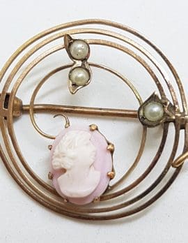 9ct Yellow Gold Round Pink Cameo & Seedpearl Brooch