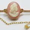 9ct Yellow Gold Ornate Oval Pink Cameo Lady Head Bar Brooch