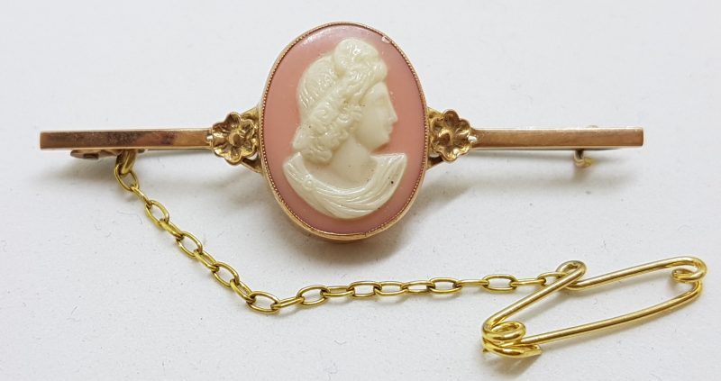 20200620_194238 9ct Yellow Gold Ornate Oval Pink Cameo Lady Head Bar Brooch