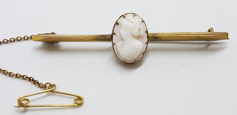 9ct Yellow Gold Oval Pink Cameo Lady Head Bar Brooch