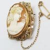 9ct Yellow Gold & White Gold Rectangular Set Large Oval Lady Cameo Brooch - Ornate Leaf Motif