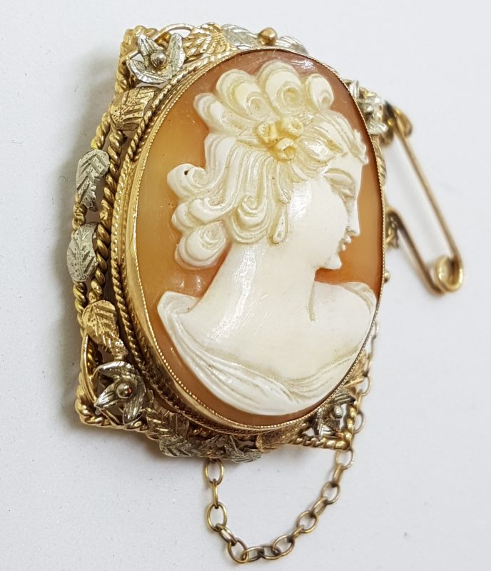 9ct Yellow Gold & White Gold Rectangular Set Large Oval Lady Cameo Brooch - Ornate Leaf Motif