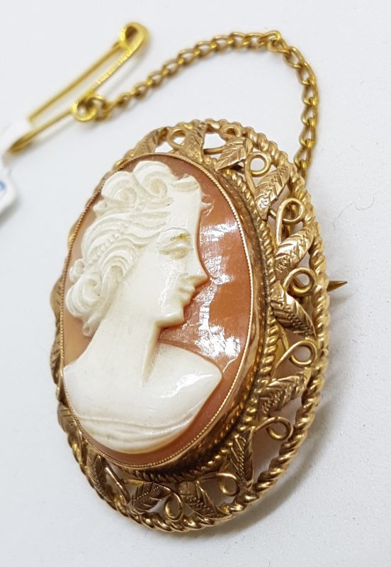 9ct Gold Ornate Filigree Oval Cameo Lady Head Brooch