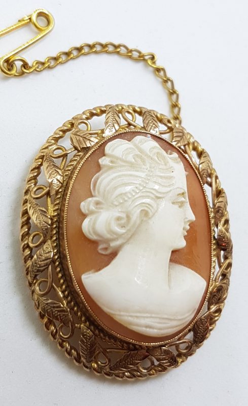 9ct Gold Ornate Filigree Oval Cameo Lady Head Brooch