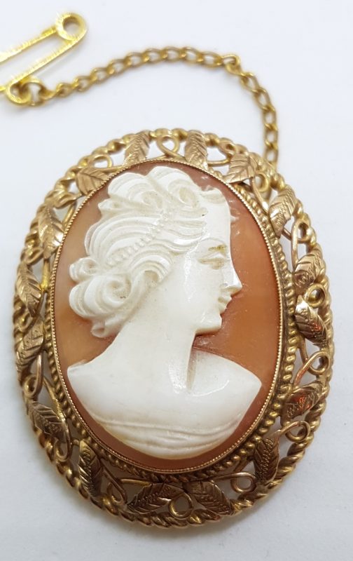 9ct Gold Ornate Filigree Oval Cameo Lady Head Brooch