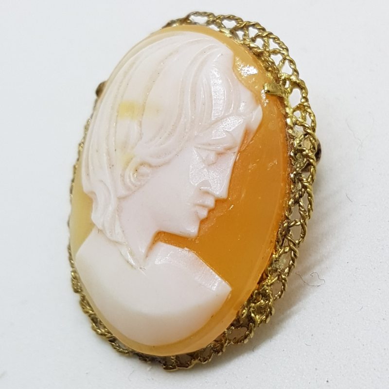 9ct Yellow Gold Filigree Rim Oval Lady Cameo Brooch