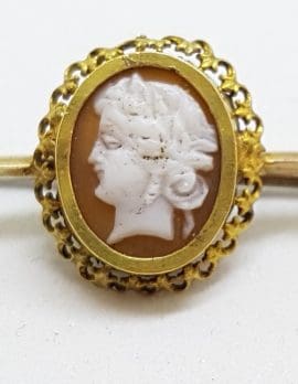 9ct Yellow Gold Oval Cameo Lady Head Bar Brooch