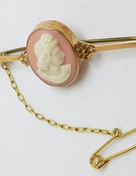 9ct Gold Ornate Oval Pink Cameo Lady Head Bar Brooch