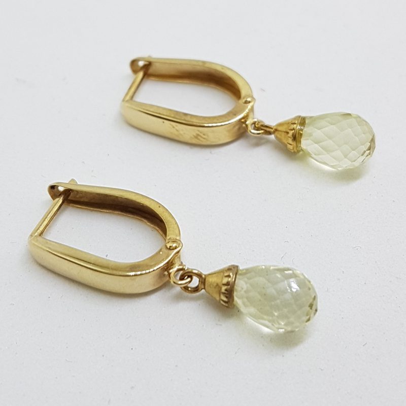 9ct Yellow Gold Lemon Citrine / Quartz Huggie Hoop Drop Earrings
