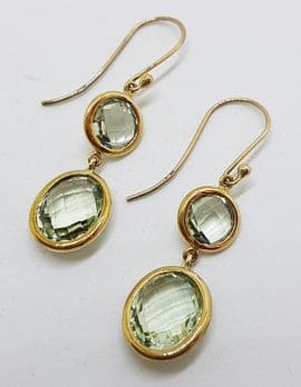 9ct Yellow Gold Green Amethyst / Prasiolite Long Round & Oval Drop Earrings