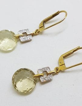 9ct Yellow Gold Round Lemon Citrine/Quartz & Diamond Long Drop Earrings