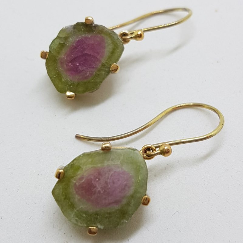9ct Yellow Gold Watermelon Tourmaline Drop Earrings