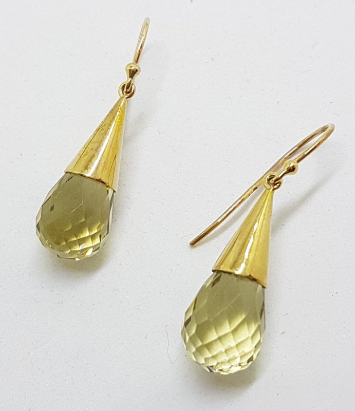 9ct Yellow Gold Lemon Citrine / Quartz Cone Drop Earrings