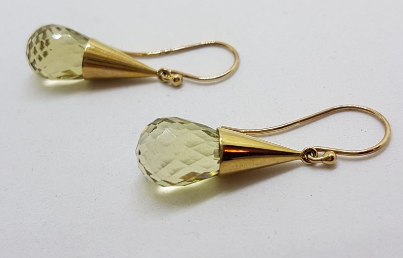 9ct Yellow Gold Lemon Citrine / Quartz Cone Drop Earrings