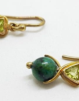 9ct Yellow Gold Peridot & Malachite Ball Drop Earrings - Handmade
