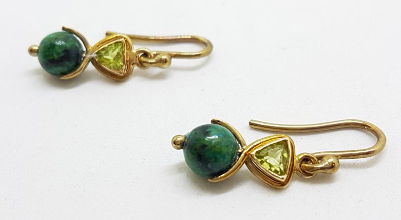 20200622_200011 9ct Yellow Gold Peridot & Malachite Ball Drop Earrings - Handmade
