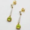 9ct Yellow Gold Peridot & Diamond Long Drop Earrings