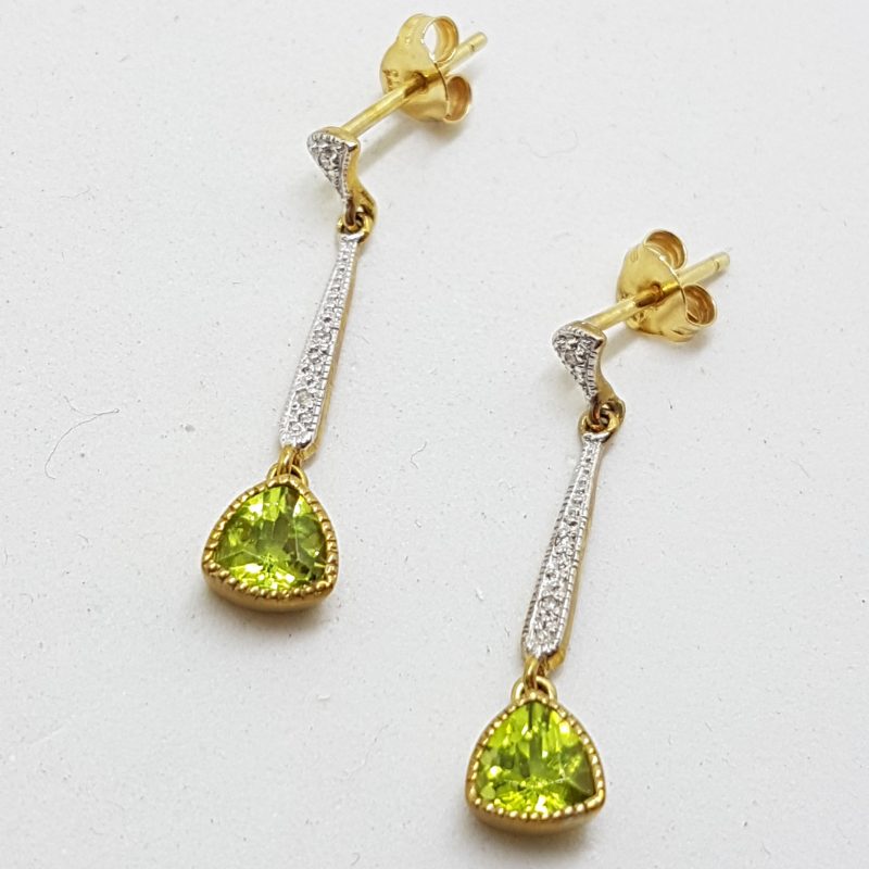 20200622_200135 9ct Yellow Gold Peridot & Diamond Long Drop Earrings
