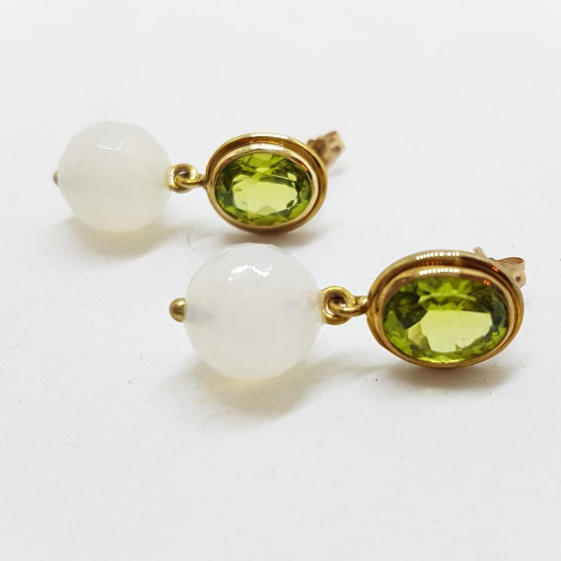 9ct Yellow Gold Peridot & Moonstone Ball Drop Earrings - Handmade