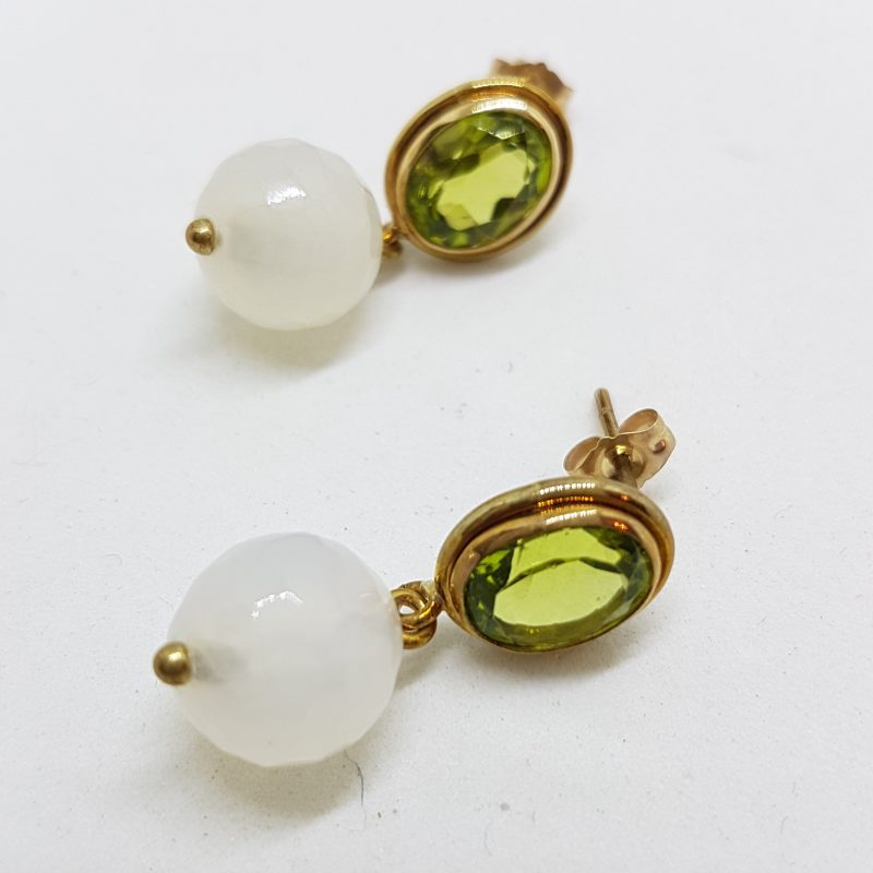 9ct Yellow Gold Peridot & Moonstone Ball Drop Earrings - Handmade