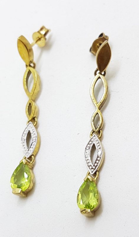 9ct Yellow Gold Peridot & Diamond Long Drop Earrings