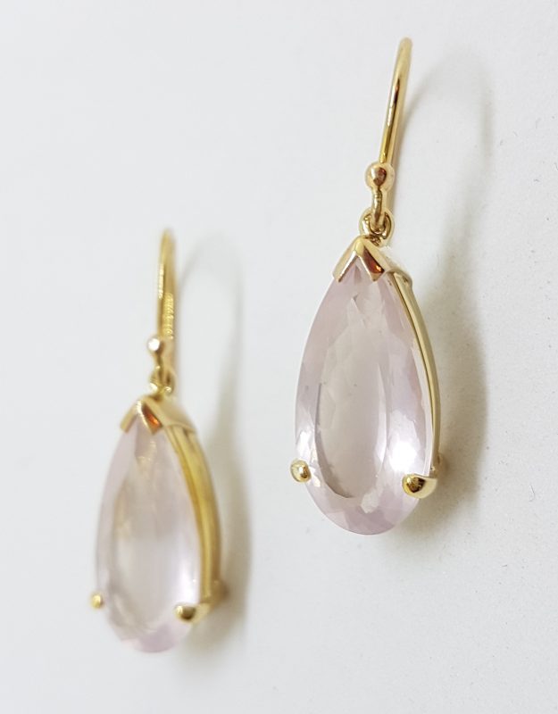 9ct Yellow Gold Faceted Rose Quartz Teardrop Shape Drop Earrings