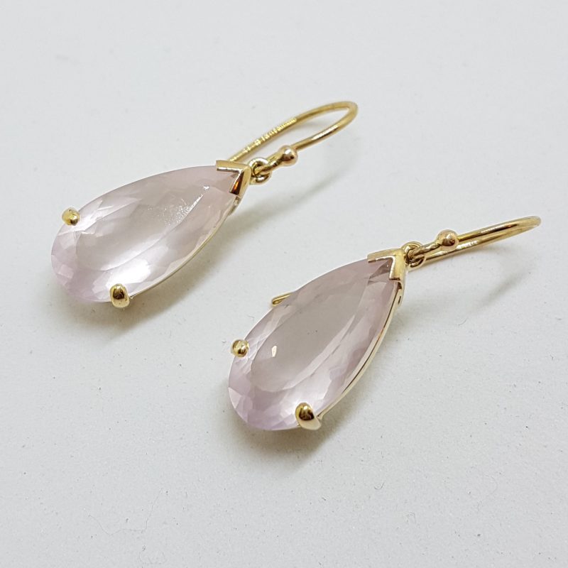 9ct Yellow Gold Faceted Rose Quartz Teardrop Shape Drop Earrings