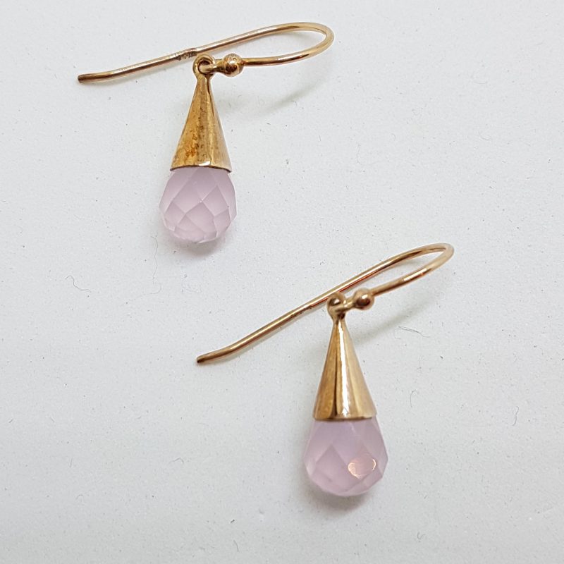 9ct Yellow Gold Faceted Rose Quartz Cone Drop Earrings