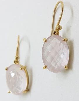 9ct Yellow Gold Faceted Rose Quartz Oval Drop Earrings