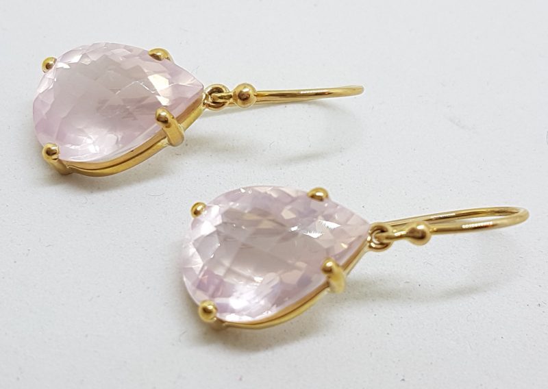 9ct Yellow Gold Faceted Rose Quartz Teardrop Shape Drop Earrings