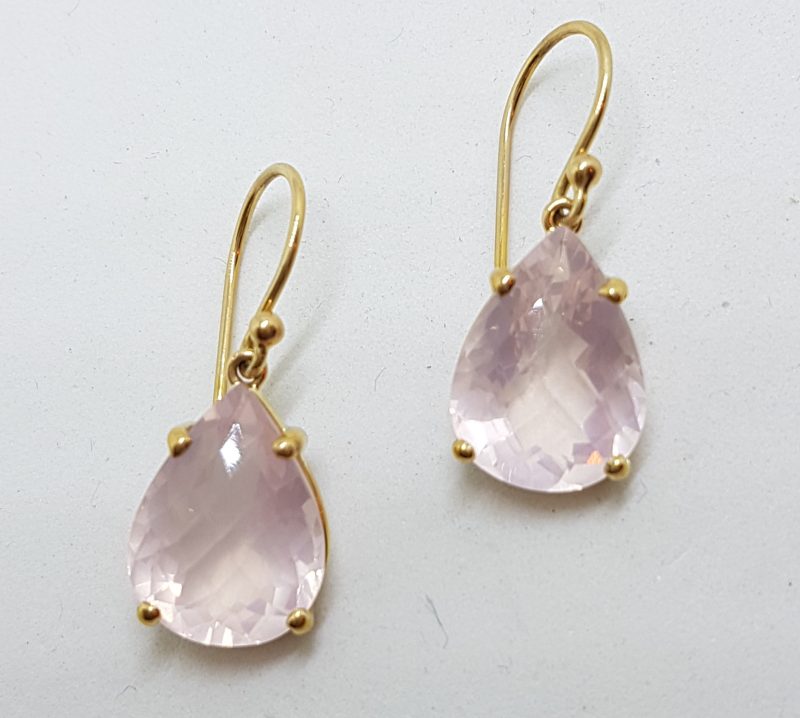 9ct Yellow Gold Faceted Rose Quartz Teardrop Shape Drop Earrings