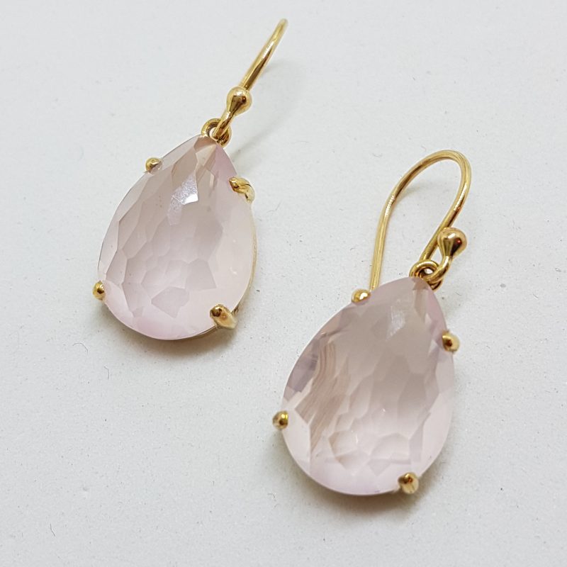 9ct Yellow Gold Faceted Rose Quartz Teardrop Shape Drop Earrings