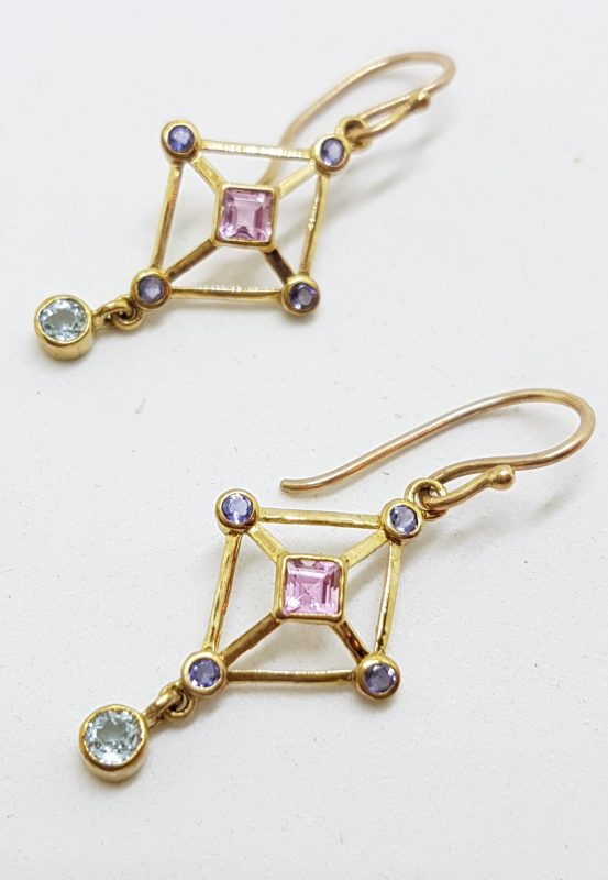 9ct Yellow Gold Topaz, Iolite and Pink Tourmaline Drop Earrings