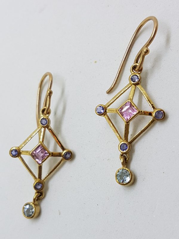 9ct Yellow Gold Topaz, Iolite and Pink Tourmaline Drop Earrings