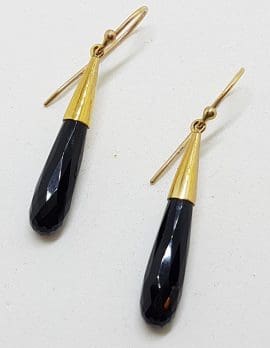 9ct Yellow Gold Black Onyx Long Cone Drop Earrings