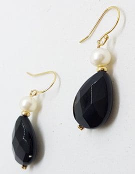 9ct Yellow Gold Black Onyx & Pearl Drop Earrings