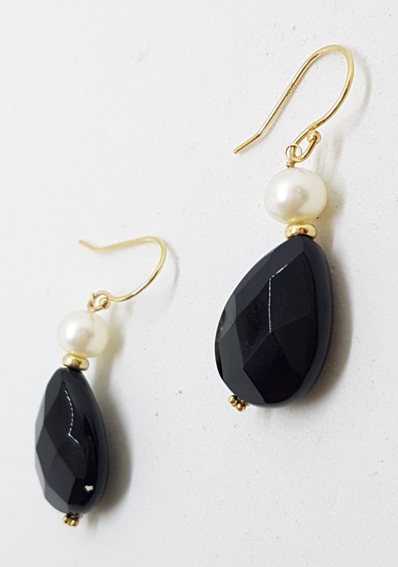 9ct Yellow Gold Black Onyx & Pearl Drop Earrings