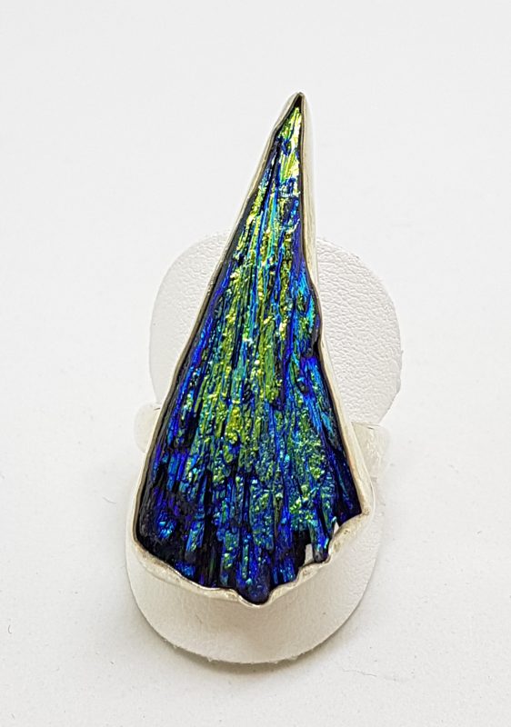 Sterling Silver Black Titanium Kyanite Large & Long Ring Vibrant Blue/Green