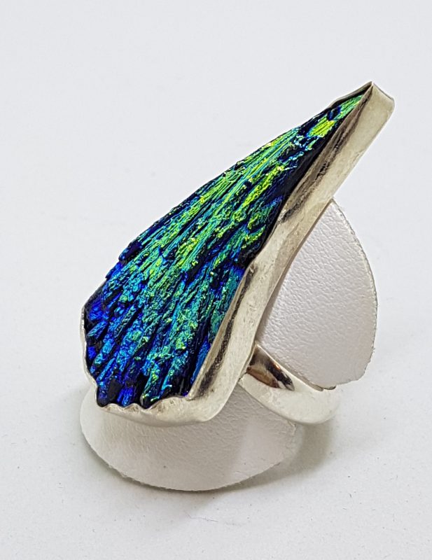 Sterling Silver Black Titanium Kyanite Large & Long Ring Vibrant Blue/Green