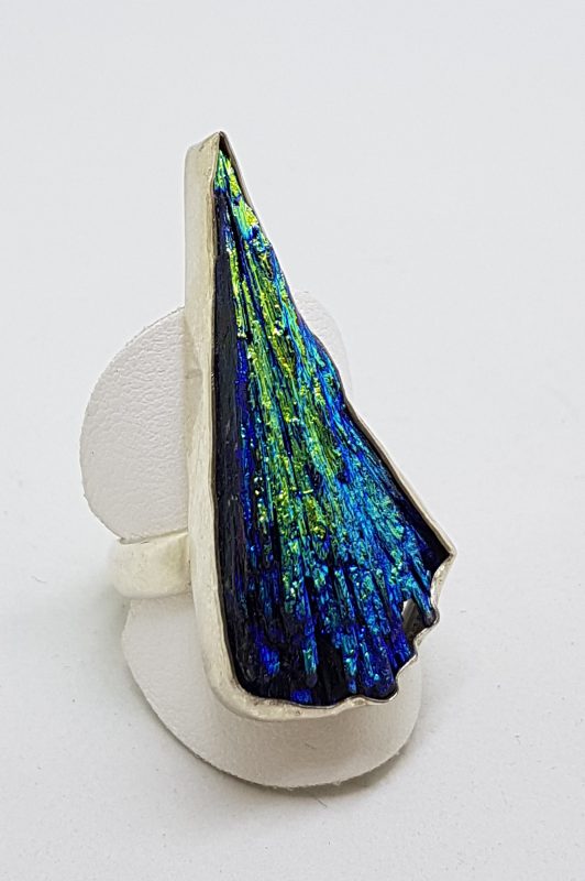 Sterling Silver Black Titanium Kyanite Large & Long Ring Vibrant Blue/Green