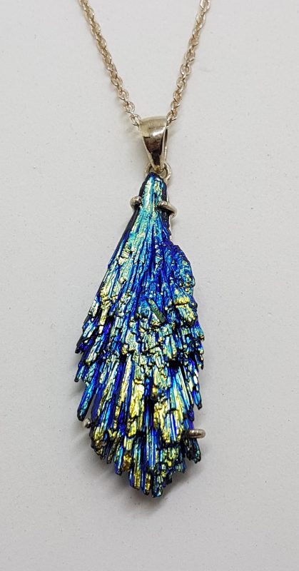20200626_084501 Sterling Silver Large Black Titanium Kyanite Pendant on Silver Chain – Vibrant Blue/Green