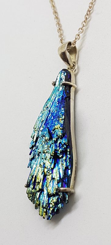 20200626_084519 Sterling Silver Large Black Titanium Kyanite Pendant on Silver Chain – Vibrant Blue/Green